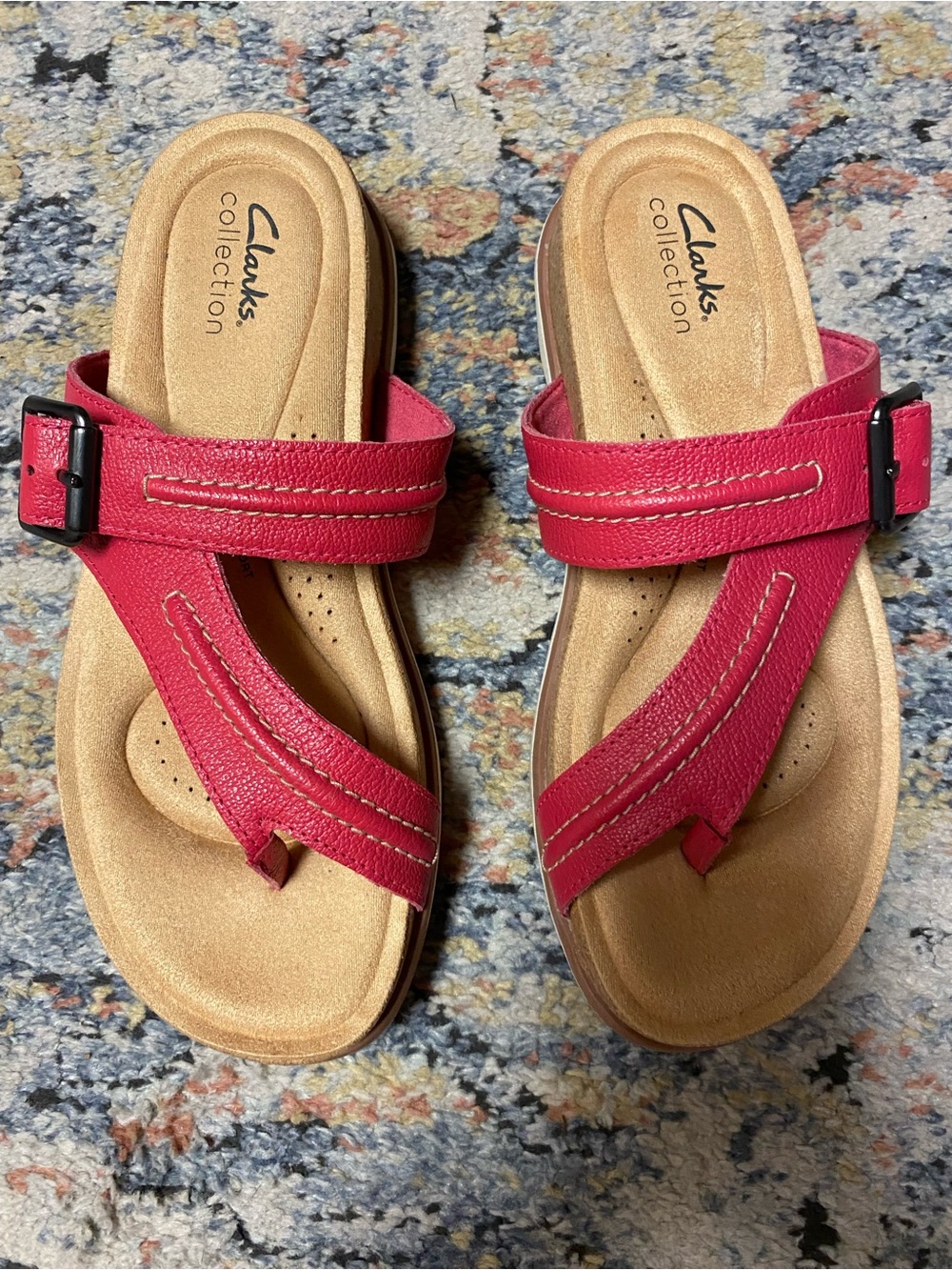 Clarks Collection Women’s Pink-Red Buckle Toe-Loop Sandals